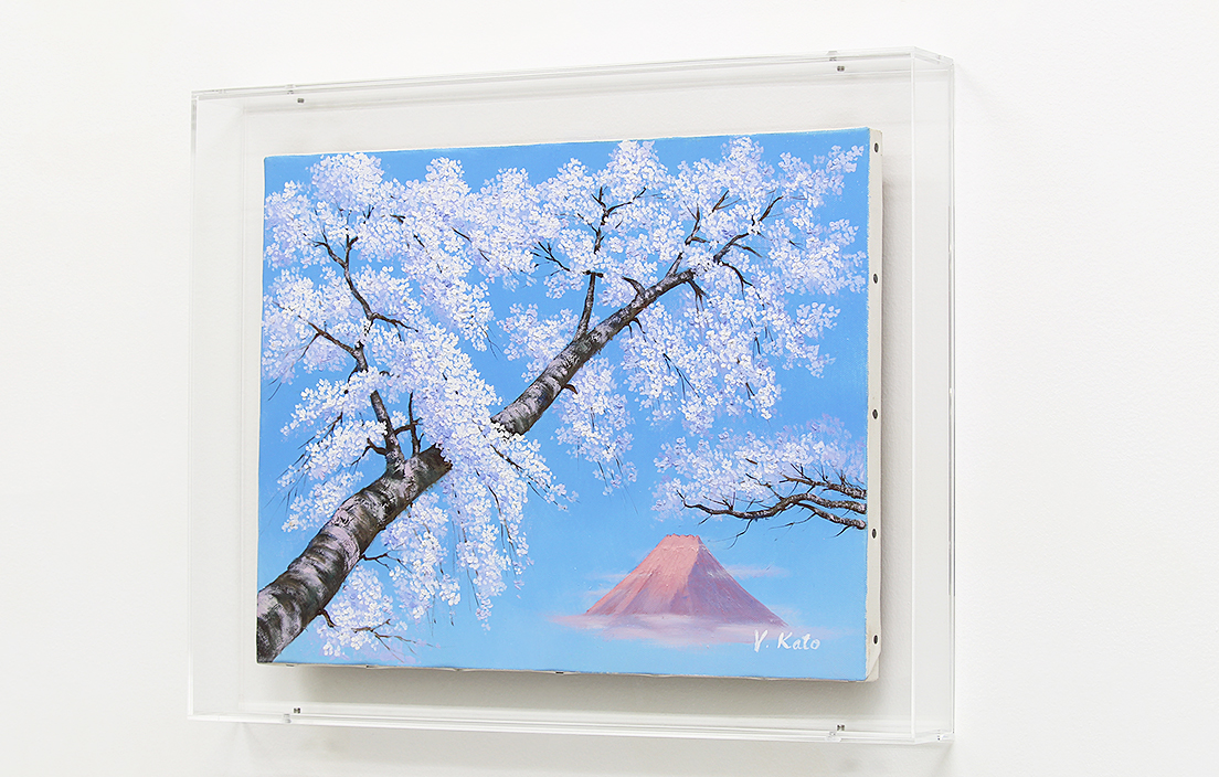 経年劣化額にやや傷絵画　油彩画　桜 風景 キャンバス　F6　日学　ガラス　額縁　湖畔の少女　アート